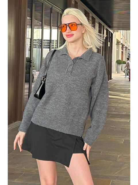 Madmext Antrasit Düğmeli Polo Yaka Kadın Kazak Mg2307 - S000345224-29666