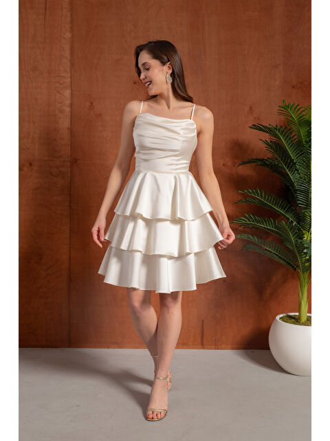 Lafaba Kadın Ekru İnce Askılı Degaje Yaka Mini Saten Mezuniyet Abiye Elbise