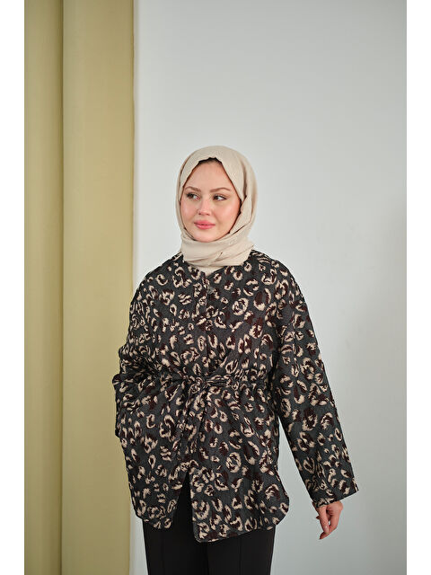 Locco Moda Kadın Yaprak Desen Beli Lastikli Ceket Füme - S000492514-33408