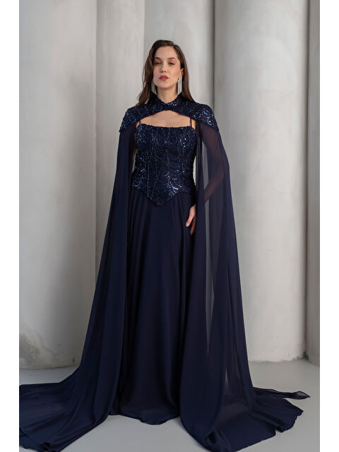Lafaba Kadın Lacivert Şallı Uzun Kol Peplum Detay Uzun Abiye Elbise