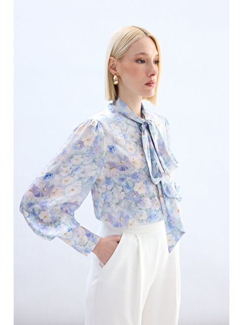 SATEEN Çiçek Desenli Fularlı Gömlek - Lila - S000497800-17878