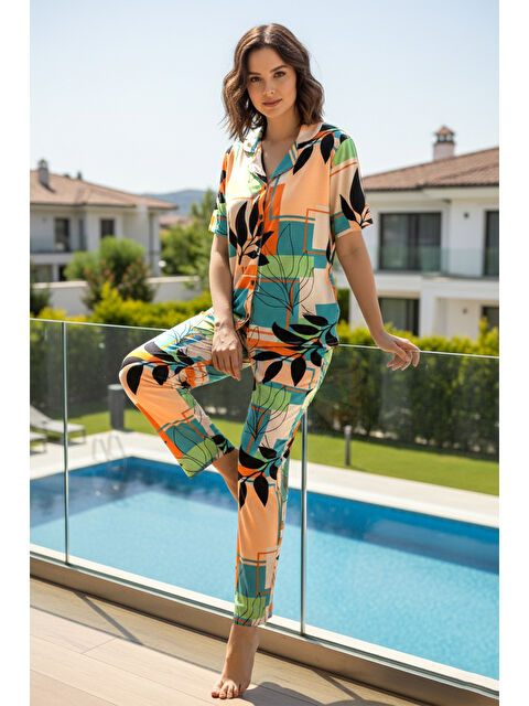 Remsa Kadın Kısa Kol Elastanlı Viskon Pijama Takımı 0156 Turuncu - S000513313-20013