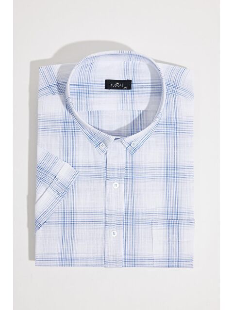 TUDORS Erkek Büyük Beden Yaka Düğmeli Kareli Keten Efektli Kısa Kollu Gömlek - S000518837-23173
