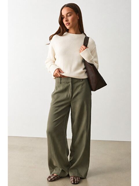 Madmext Haki Yüksek Bel Keten Wide Leg Pantolon Mg2718