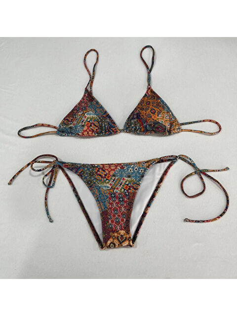 Hazelin Kadın Kahverengi Etnik Desen Boyundan İp Bağlamalı Üçgen Bikini Takımı HZL25S-LC5005 - S000390228-19413