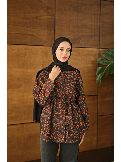 Locco Moda Kadın Yaprak Desen Beli Lastikli Ceket Kahverengi - S000492514-19413