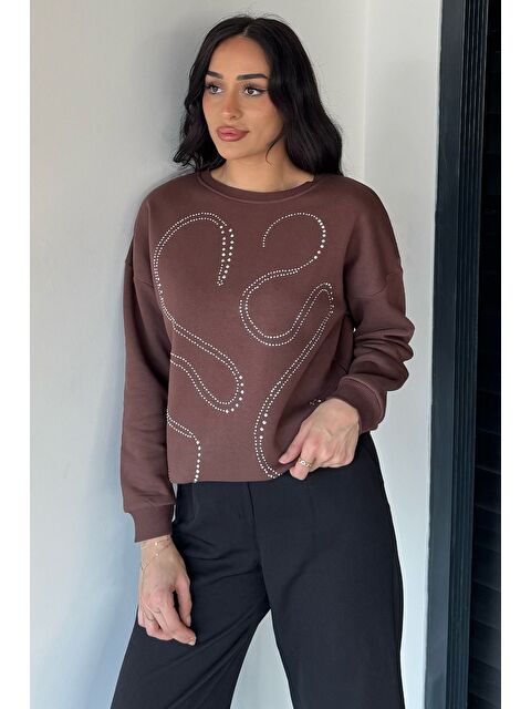 Gülseli Kadın Taşlı Bisiklet Yaka Şardonlu Sweatshirt - S000482924-19413