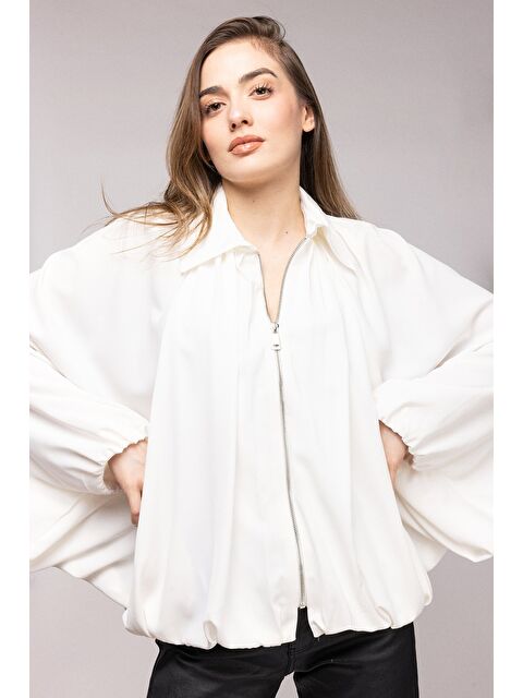 Saade Ekru Oversize Balon Kollu Fermuarlı Dökümlü Gömlek - Cepli - S000505948-20063