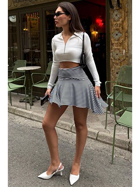 Madmext Haki Çizgili Asimetrik Çizgili Etek Mg2698