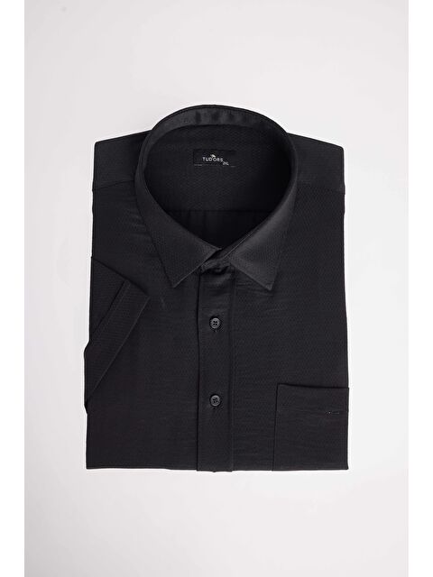 TUDORS Erkek Big Size Büyük Beden Kısa Kollu Pamuklu Tek Cepli Armürlü Siyah Gömlek - S000518838-19351