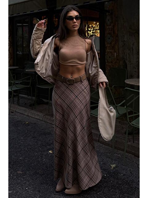 Madmext Vizon Ekose Desenli Cepli Kemerli Uzun Kadın Etek Mg2636 - S000505352-26429