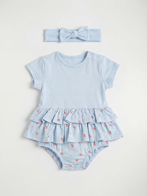 MİNİNİO Kız Bebek Bandanalı Fırfırlı Çıtçıtlı Body - Açık Mavi