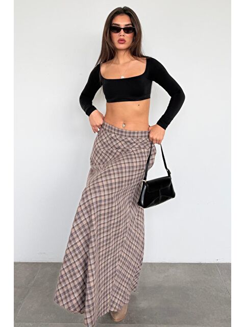 Madmext Bej Ekose Desen Uzun Boy Etek Mg2648 - S000505355-19928