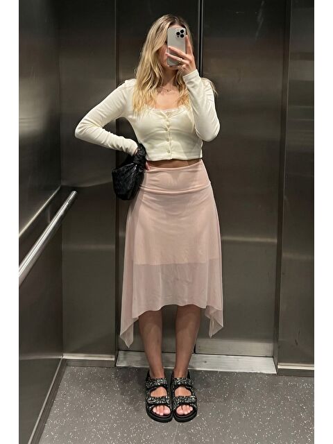 Madmext Pudra Şifon Asimetrik Kesim Midi Etek Mg2777