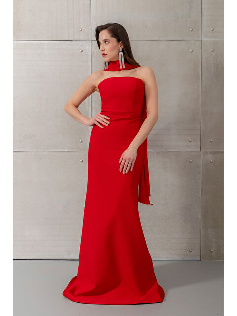 Lafaba Kadın Kırmızı Dar Kalıp Şal Yaka Detay Uzun Abiye Elbise