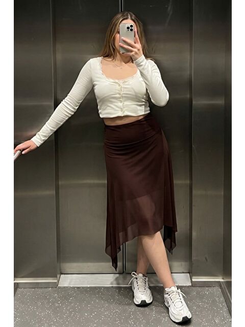 Madmext Kahverengi Şifon Asimetrik Kesim Midi Etek Mg2777