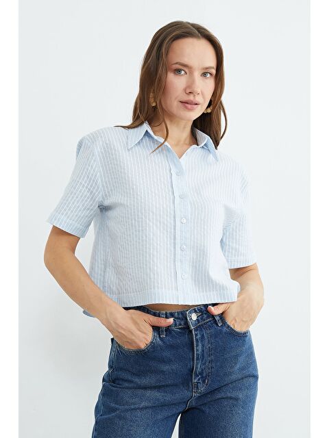 Fullamoda Çizgili Oversize Crop Gömlek - S000530033-17234