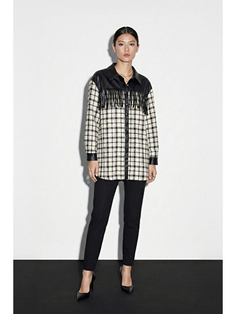 Mizalle Püskül Detalı Bej Rengi Ekoseli Gömlek Tunik - S000511234-19928