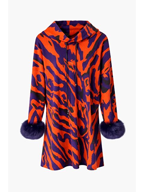 Mizalle Nar Çiçeği Kolağzı Kürklü Kırmızı Mavi Desenli Uzun Triko Tunik - S000511235-23173