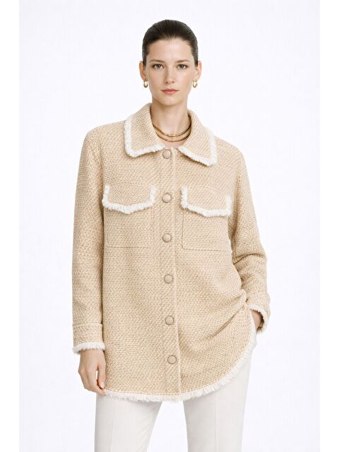 Mizalle Püsküllü Bej Beyaz Tüvit Dokuma Tunik - S000511236-19928