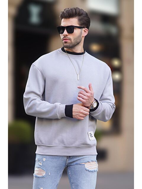 Madmext Boyalı Gri Bisiklet Yaka Oversize Şardonlu Arma Detaylı Erkek Sweatshirt 7043 - S000234375-22875