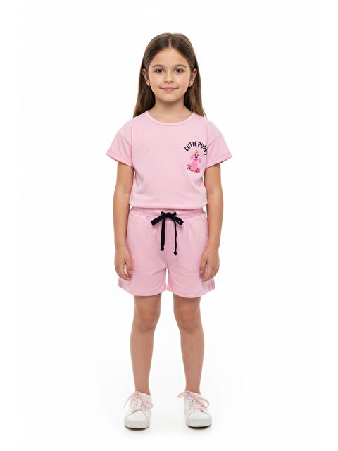 Toontoykids Kız Çocuk 2'li Şortlu Takım Bisiklet Yaka Düşük Omuz Kısa Kollu Baskılı Tişört - Beli Lastikli Bağl