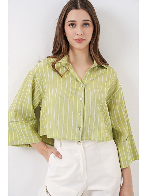 Bigdart Kadın Çizgili Oversize Kısa Gömlek 20326 - E.Yeşil - S000393897-37469