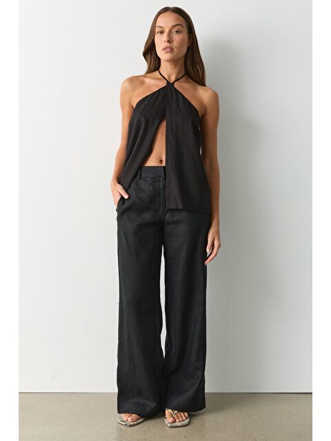Madmext Siyah Yüksek Bel Keten Wide Leg Pantolon Mg2718