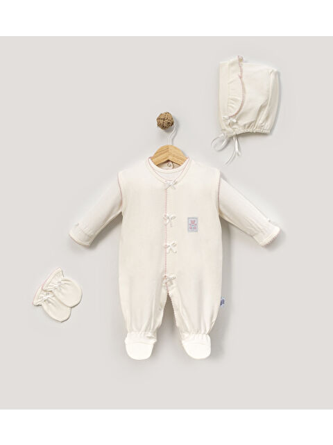 Jijek Kız Bebek Ekru Pamuklu Tulum Seti – Şapkalı Eldivenli Yenidoğan Hastane Çıkışı 4’lü Takım - S000531610-19965