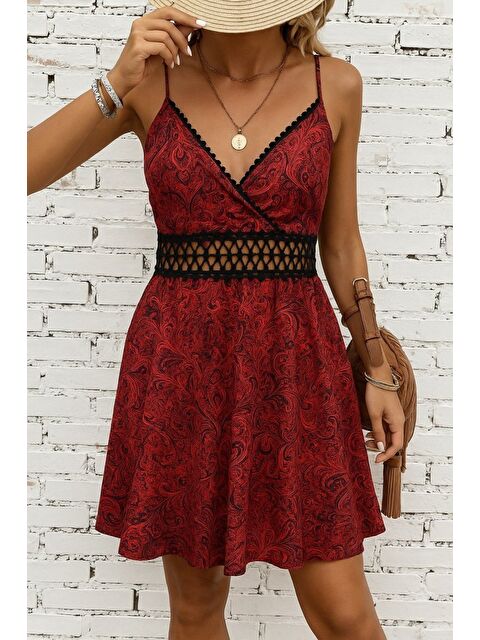 Jane's Kadın Ip Askılı Kruvaze Yakalı Desenli Mini Süprem Mini Elbise - S000528537-20045