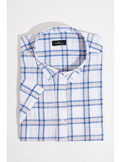 TUDORS Erkek Büyük Beden Yaka Düğmeli Kareli Keten Efektli Kısa Kollu Gömlek - S000518843-23173