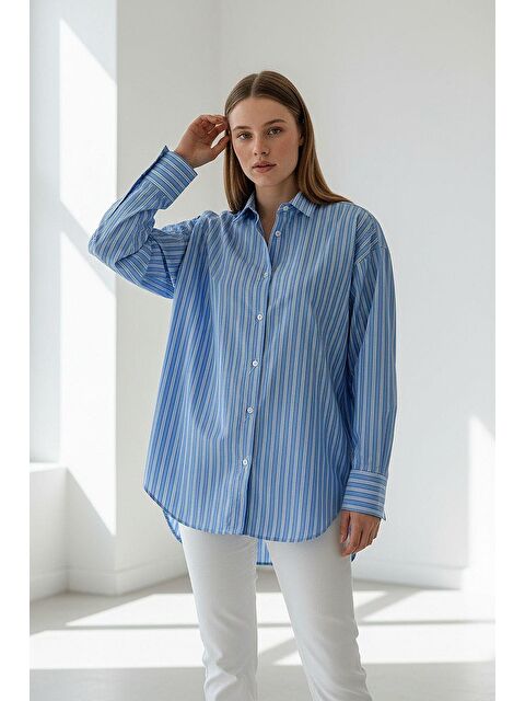 Madmext Mavi Çizgili Regular Kesim Kadın Gömlek Mg2610 - S000505365-17234