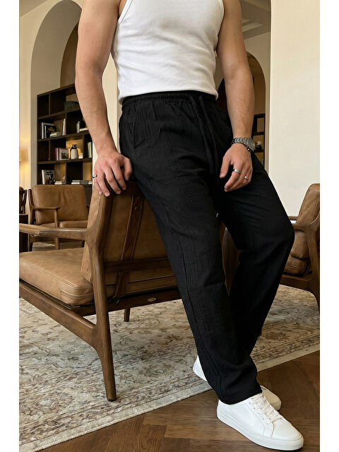 Livio Ferri Bunga Desenli Keten Görünümlü Lastikli Erkek Pantolon