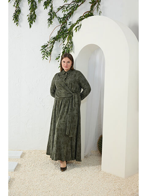 AKER Haki Jakarlı Bağlama Detaylı Elbise