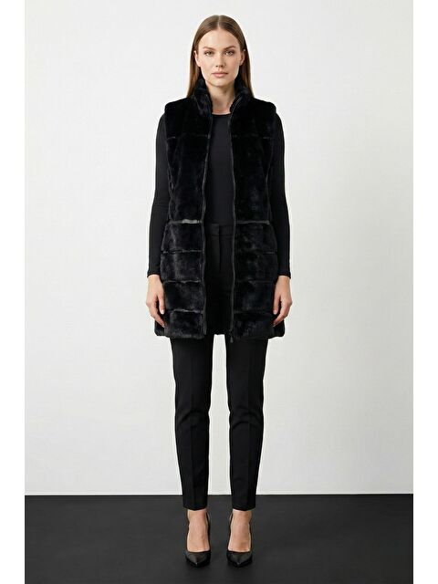 Mizalle Siyah Deri Detaylı Yüksek Yaka Uzun Kürk Yelek - S000511237-19351