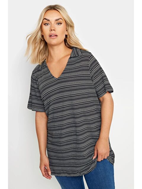 Stil Diva Büyük Beden V Yaka Desenli Kısa Kollu T-shirt 303371 - S000457829-19351