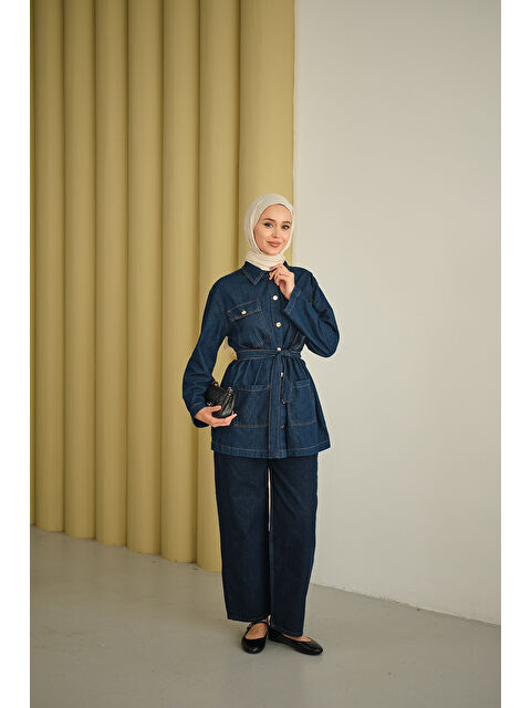 Locco Moda Kadın Cep Detay Bel Bağlamalı Jean Takım Lacivert - S000492502-21164