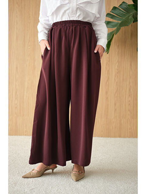 Locco Moda Kadın Beli Lastikli Bol Paça Kumaş Pantolon Mürdüm