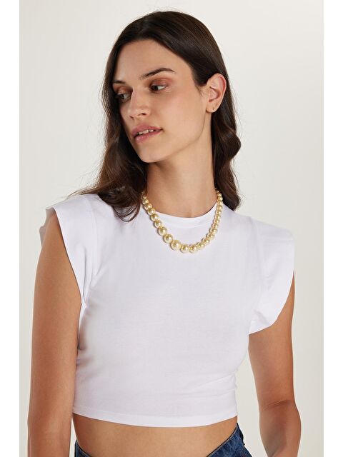 TUDORS Kadın Slim Fit Dar Kesim Sıfır Kollu Bisiklet Yaka Beyaz Bluz - S000521065-20063