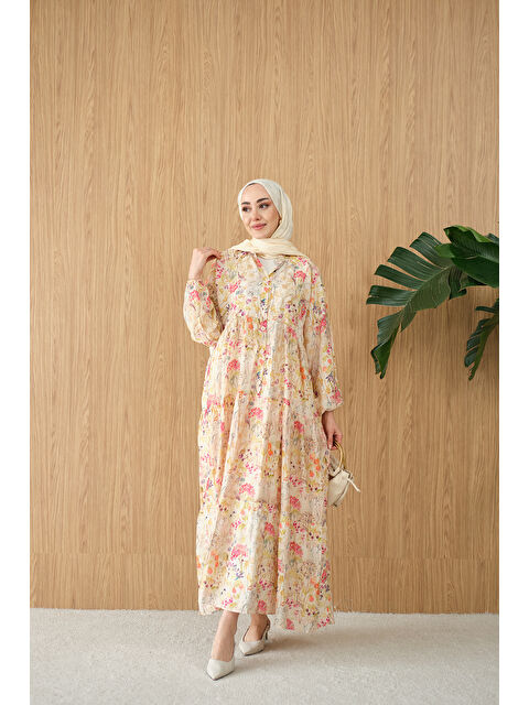Locco Moda Kadın Yeni Bahar Desenli Elbise Krem