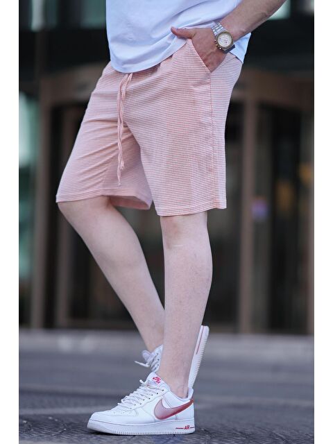 Madmext Turuncu Çizgili Ayarlanabilir Bel Pamuklu Keten Görünümlü Kumaş Kısa Erkek %100 Pamuk Şort 6542 - S000234376-20013