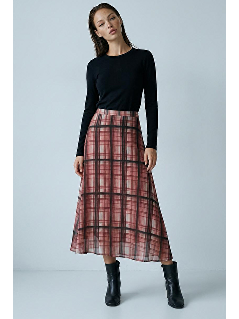 Madmext Kahverengi Kareli Şifon Kadın Etek Mg2678 - S000527521-19413