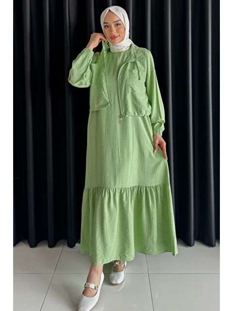 Julude Etek Ucu Fırfırlı Bel Lastikli Hırka Kombinli Tesettür Elbise - S000365184-18194