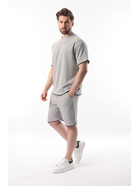 Madmext Boyalı Gri  Nakış Detaylı Erkek Şort Tişört Takım E7305 - S000351396-22875
