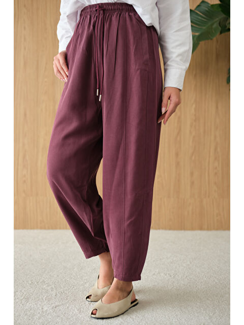Locco Moda Kadın Şalvar Kesim Beli Ayarlanabilir Pantolon Mürdüm