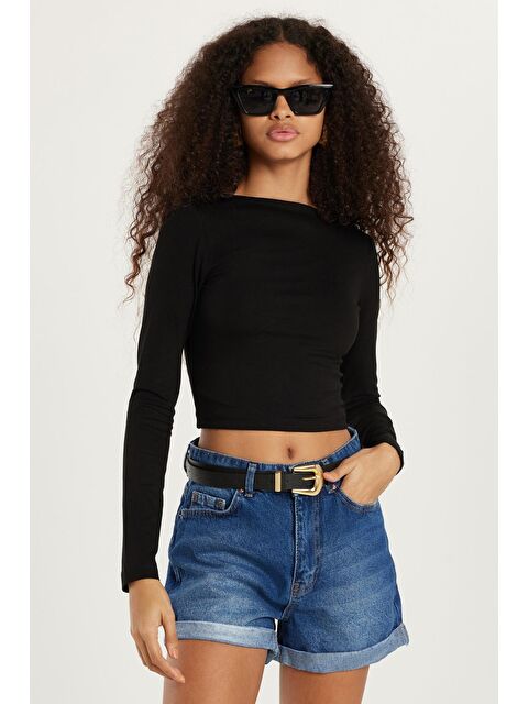 TUDORS Kadın Slim Fit Dar Kesim Bisiklet Yaka Sırt Detaylı Siyah Bluz - S000521068-19351