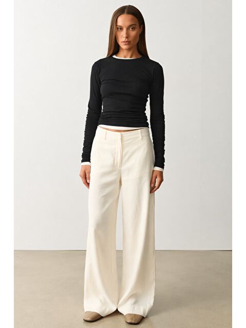 Madmext Ekru Yüksek Bel Keten Wide Leg Pantolon Mg2718