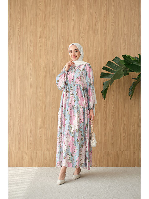 Locco Moda Kadın Mini Gül Desen Elbise Mavi