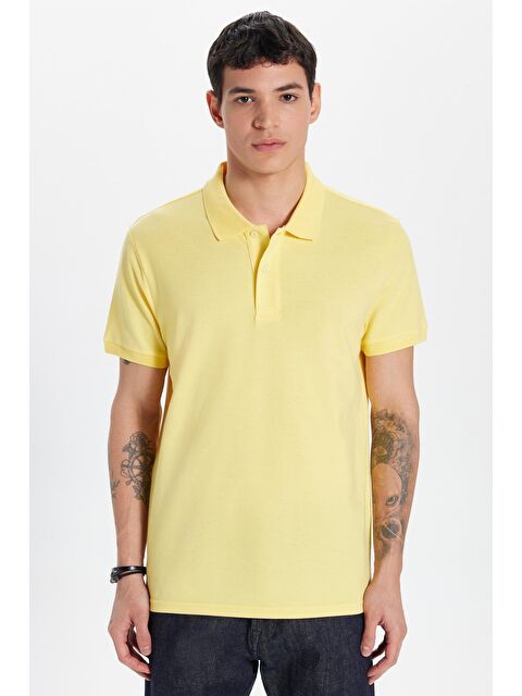 TUDORS Erkek Slim Fit Dar Kesim %100 Pamuk Sarı Polo Yaka Tişört