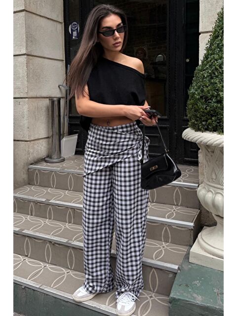 Madmext Siyah Fularlı Ekose Pantolon Mg2734